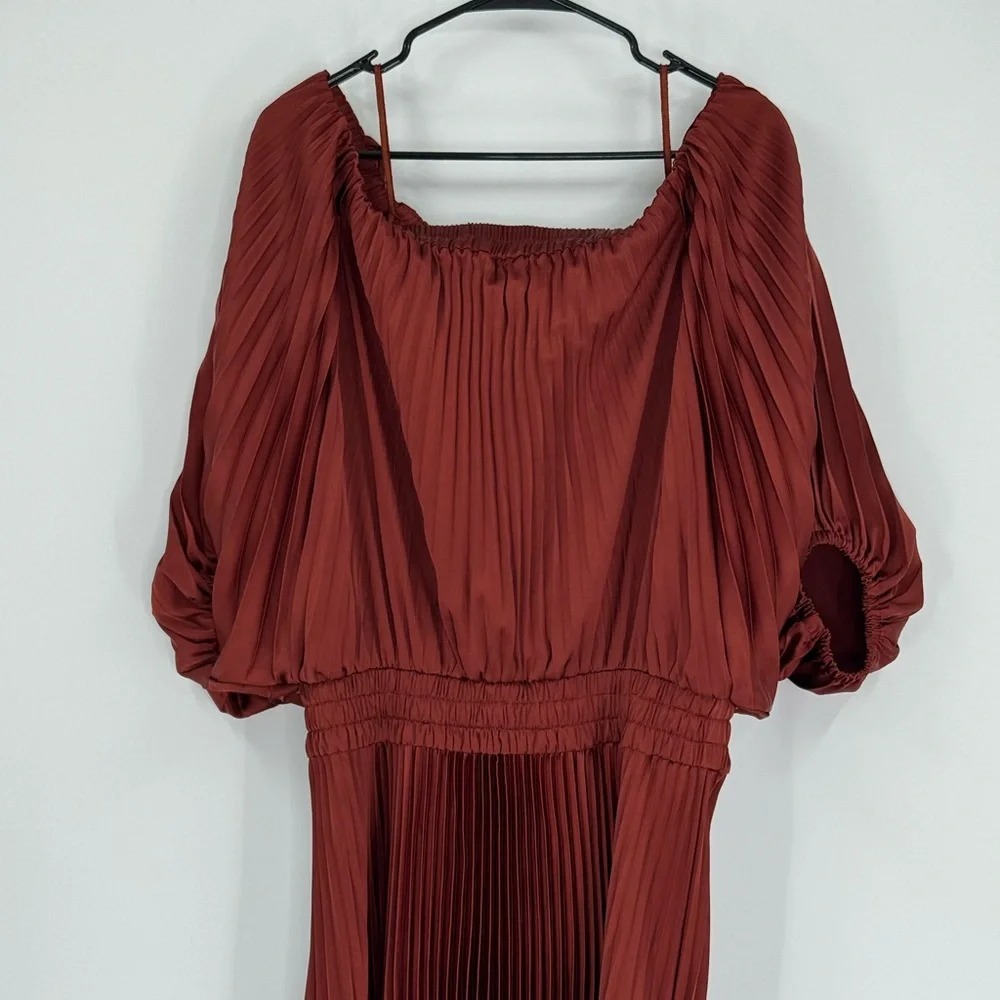 A.L.C. Sienna Satin Pleated‎ Off Shoulder Midi Dress, Red Rock, Size 8, NWOT